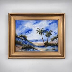 Signed Coastal Palm Tree Beach Oil Painting in Gold Frame 16x20